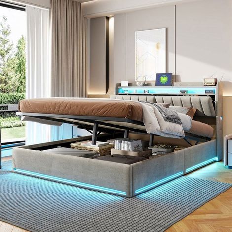 Cama Lit Coffre 140x200 Terciopelo Gris - POCKETPOP - Hidráulico - Cabecero LED y USB - Somier Incluido (1/5)
