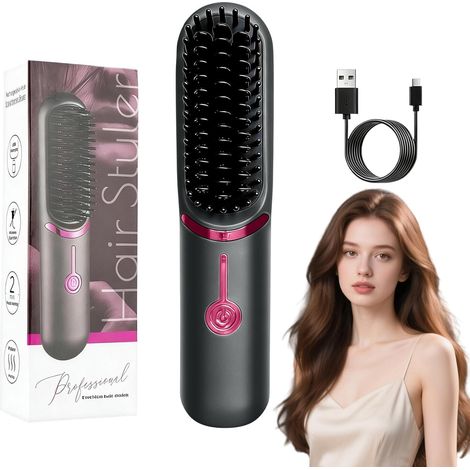 Hair Straightening Brush, Ceramic Hair Straightener, Grey Portable Wireless PTC Heating Straightener, 3 Temperature Settings, Anti-Burning Ceramic, for Travel (1/5)