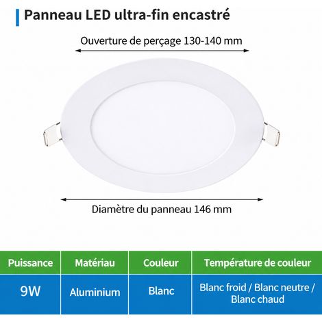 Spot LED encastrable rond ultra-fin 9W 3000K diamètre 145mm 9w 145mm 130-140mm 3000k 100 g – Livraison gratuite