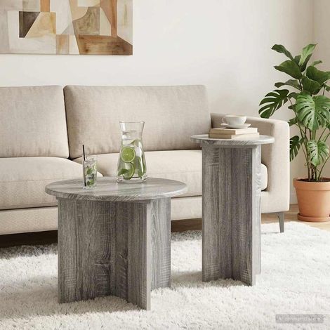 Ensemble de 2 tables d’appoint avec rangement en bois d’ingénierie, gris Sonoma, Ø 45 et 29,5 cm - PANGIVO (1/5)