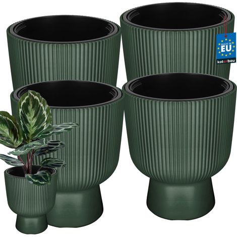 KOTARBAU® Lot de 4 Pot de Fleur - Pot Plastique Plante Ø 29 cm - avec Bac Intérieur -  Pot de Jardin - Pot de Fleur Exterieur -  H : 36 cm - PVC - Vert - Nervuré (1/4)