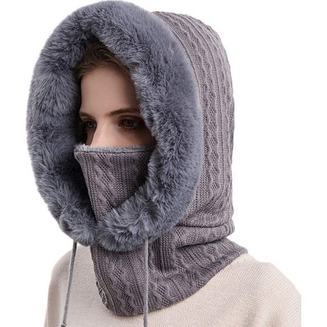 Cagoule chaude pour femme, coloris gris, bonnet multifonction hiver (1/3)