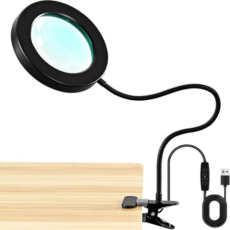 Lámpara de aumento 10X con luz - Lupa LED flexible de 40 cm, 3 modos de color, 10 niveles de intensidad, clip para trabajos de precisión (1/5)