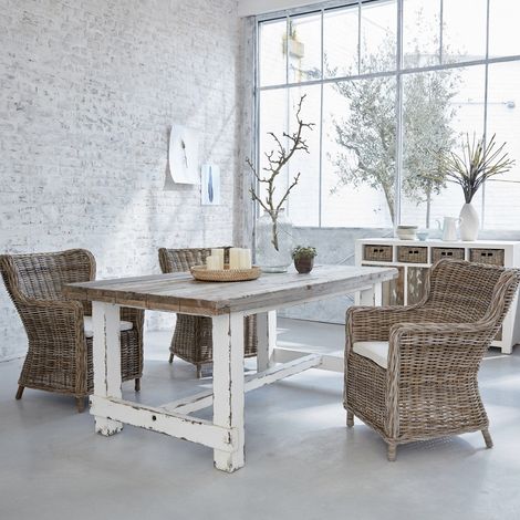 Berah Getah – Table de salle à manger en pin recyclé massif 8 personnes – Longueur 180 cm – Largeur 100 cm – Hauteur 75 cm – Finition patinée blanche (1/5)