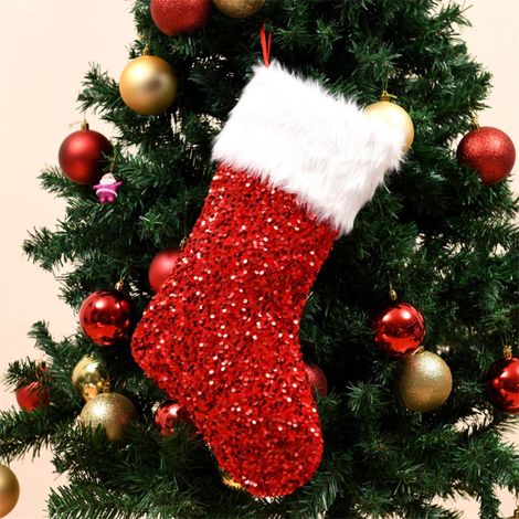 Chaussettes de Noël en Plush à Paillettes avec Dragonne, Sac Cadeau Portable pour Décorations de Cheminée et Sapin (1/5)