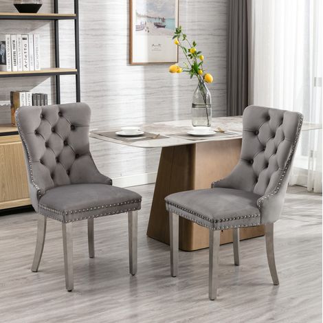 sedia imbottita velluto grigio schienale alto con rivetti OKMYHOME (1/5)