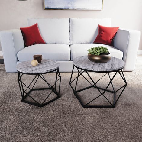 Brooklyn Ensemble de 2 Tables Gigognes Rondes en MDF Style Géométrique, Gris (1/5)