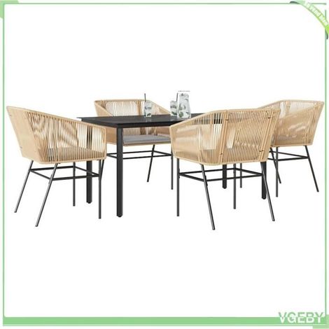 Ensemble à manger jardin - 3334621 - Poly rotin & acier - Table verre trempé 160x80 cm - 4 chaises avec coussins (1/5)