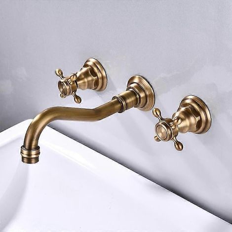 Robinet mural pour lavabo en laiton antique, à 3 trous et 2 vannes en croix. Mitigeur de lavabo en laiton avec bec en M (1/5)