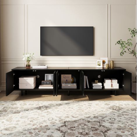 Niedriges TV-Lowboard 180 x 38 x 45 cm mit 5 Türen, Kabeldurchlässen, schwarz HAVRYA (1/5)