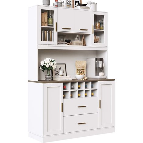 ELVMI Madia da Cucina Alta con 6 Ante 2 Cassetti LED e Prese per Cucina in MDF 120 x 36.3 x 180 cm Bianco (1/5)