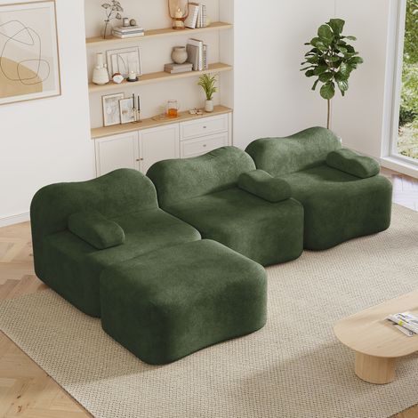 Canapé d’angle modulable 3 places 288 x 167 x 70 cm - Velours vert - Pouf, forme vague, mousse 32D (1/5)