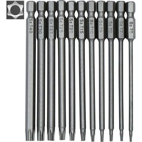 11-teiliges langes Torx-Schraubendreher-Bit-Set – magnetische Bits – 1/4-Zoll-Sechskantschaft – Größen T6 bis T40 – 100 mm Länge (1/4)