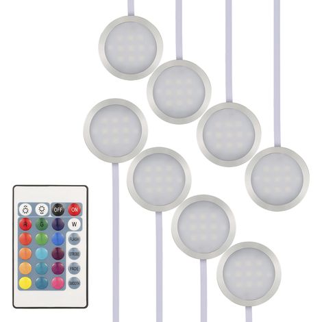 8pcs Slim Round Shape RGB LEDS Sous le kit d'éclairage de l'armoire SMD5050 Puck Lampe à changement de couleur Autochable réglable avec télécommande pour le placard de bibliothèque de salon de cuisine