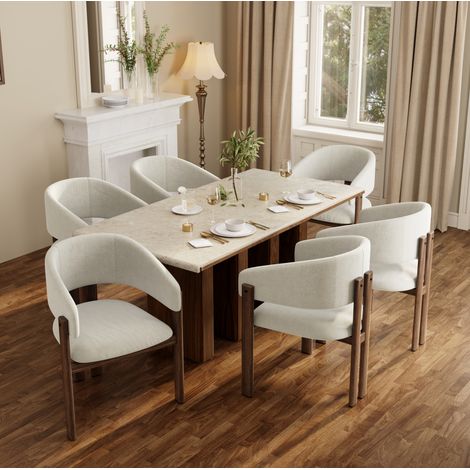 Set de 2 sillas de comedor de metal efecto nogal con reposabrazos y tejido beige tipo lino (1/5)