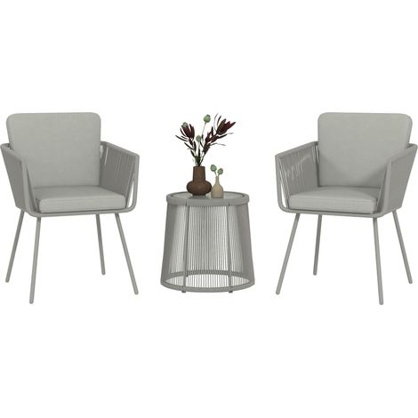 Set extérieur style bohème gris clair, avec 2 chaises de jardin en rotin et table à plateau en verre (1/5)