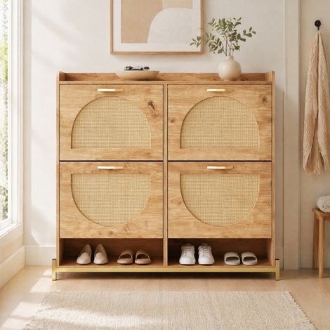 Zapatero (108.5x24x100 cm), compacto, con almacenamiento oculto, estante superior, MDF color madera (1/5)