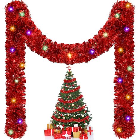 Guirlande de Noël lumineuse 5m, 50 LED multicolores, guirlande scintillante pré-éclairée à piles, décoration sapin et intérieur/extérieur, guirlande en tinsel rouge pour fêtes, maison et jardin (1/5)