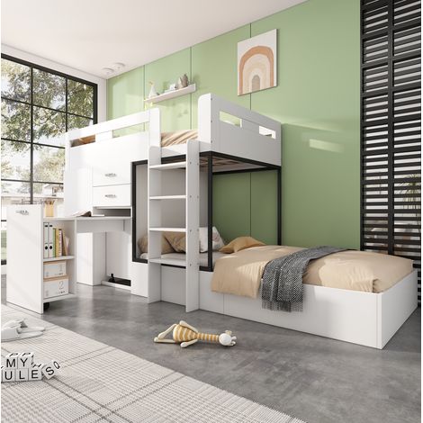 MEUBLIV Lit superposé multifonction pour enfant avec bureau coulissant armoire et rangements blanc noir 90 x 200 cm MDF (1/5)