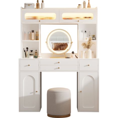 Coiffeuse LED avec miroir rond, 4 tiroirs, 4 niches ouvertes, rangements vitrés et éclairage à 3 modes, meuble maquillage blanc 120x40x160 cm  CHICFURN (1/5)