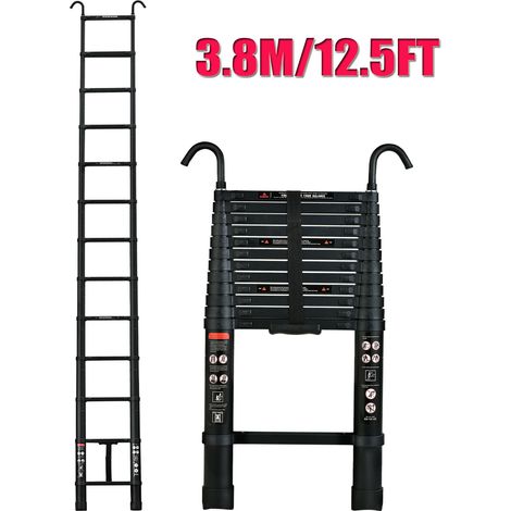 12.5FT Échelle télescopique de 3,8 m avec crochet, échelle d'extension en aluminium, échelle pliante antidérapante, échelle polyvalente en aluminium de haute qualité avec un bouton rétractable, capaci