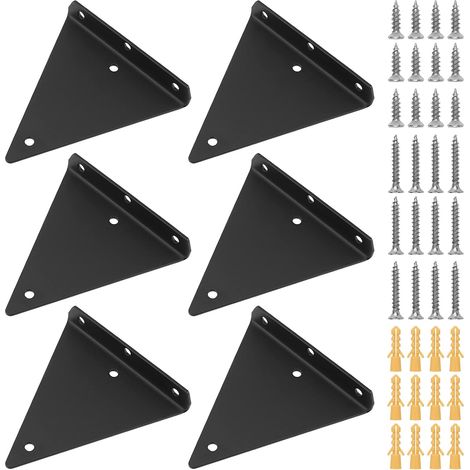 Lot de 6 supports d'étagère en métal noir - 140 x 130 x 26 mm - Support d'étagère murale invisible - Triangle caché - Support d'étagère flottant avec pièces de fixation - Charge maximale : 10 (1/5)