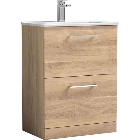 Balterley Contemporary Bathroom 2 Soft Close Drawer & Minimalist Floor Standing Vanity Unit Basin, Bleached Oak, 600mm