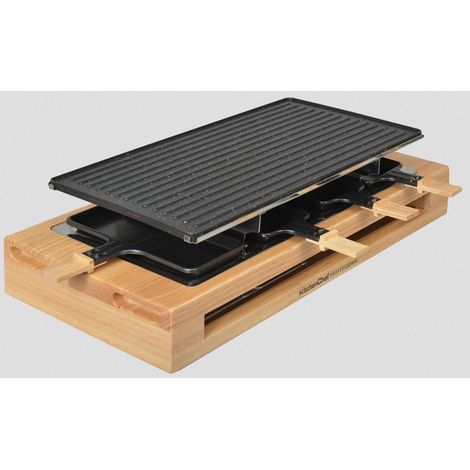 Kitchenchef – Appareil à raclette 8 personnes 1500W – Gril et crêpière avec plaque antiadhésive en fonte – Thermostat réglable – KCWOOD8MAXI
