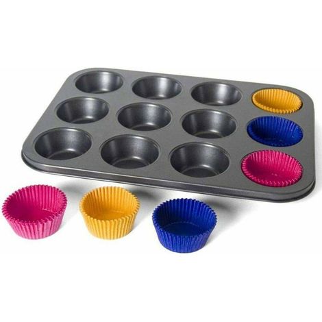 TrAdE Shop Traesio - Stampo Teglia Per 12 Muffin Cupcake In Acciaio Antiadere Con Pirottini Colorati - (1/4)