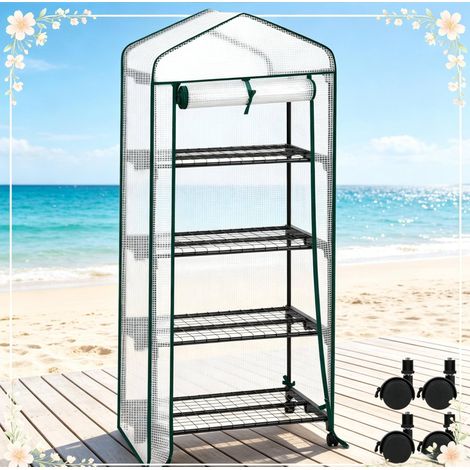 Mini serre de jardin sur roulettes, 4 étagères, porte enroulable, 70 x 50 x 163 cm, blanche HAVRYA (1/5)
