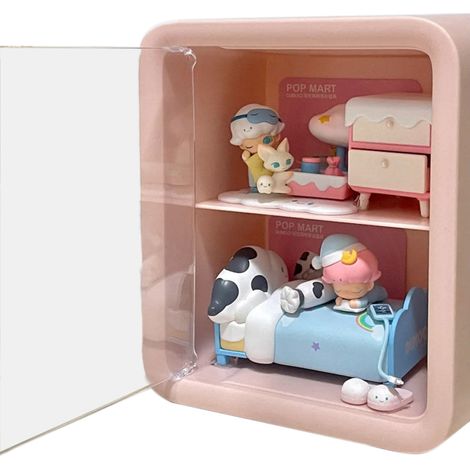 Armoire de présentation pour maison de poupée, vitrine transparente à 2 étages, rangement rose pour chambre miniature (1/5)