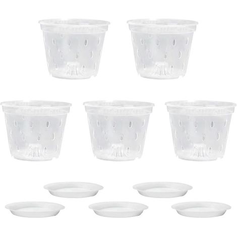 Pots à orchidées pour rempotage, lot de 5 pots pour semis, pots de fleurs respirants avec trou de drainage, pots à orchidées avec trous et soucoupes (1/5)
