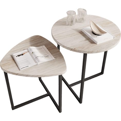Mesa auxiliar redonda 2 piezas estilo industrial en madera y metal para salón (1/5)