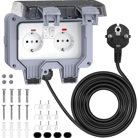Prise Extérieure Étanche IP66 - Double Prise avec Interrupteur, Câble 3M (1/5)