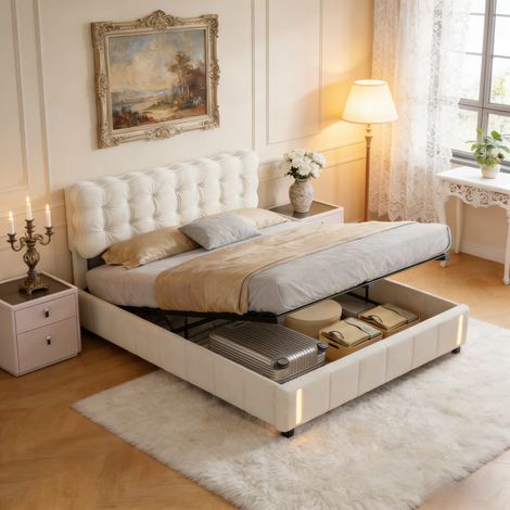 Letto contenitore 160x200 cm in velluto con LED regolabile, letto matrimoniale capitonné, rete a doghe, spazio contenitore