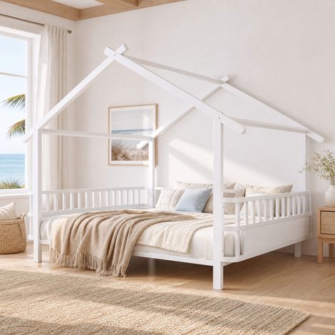Lit cabane enfant 140x200 cm avec barrières, blanc, métal, sans matelas FloraGrace (1/5)