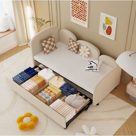 DESVIAE Lit enfant capitonné fleur avec tiroir de rangement velours beige 90 x 200 cm (1/5)