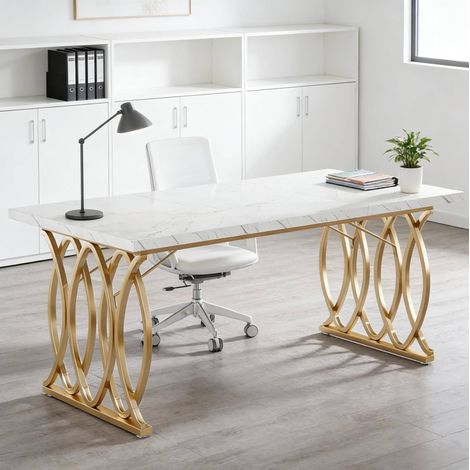 Bureau rectangulaire avec plateau effet marbre et structure en métal, 160x80 cm (1/5)