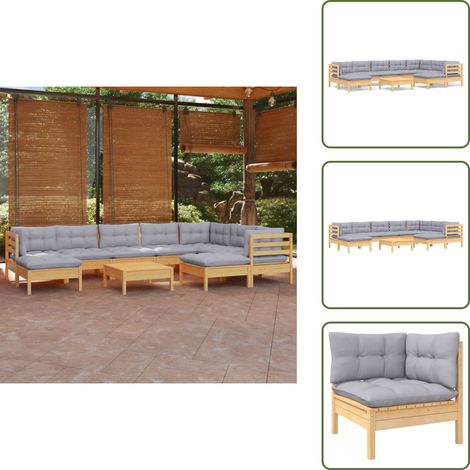 10-tlg. Garten-Lounge-Set mit Grauen Kissen Kiefer Massivholz - Gartenzubehör - Lounge Set - Gartenmöbel - Esszimmergarnitur - Outdoor Möbel (1/5)