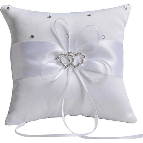 Coussin décoratif romantique blanc 10x10cm pour alliances de mariage, double cœur et ruban. (1/5)