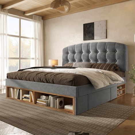 Lit simple 90x200 rembourré en velours gris avec sommier à lattes, cadre de lit avec tête de lit courbée réglable en hauteur, lit avec tiroirs et rangements, lit de chambre sans matelas (1/5)
