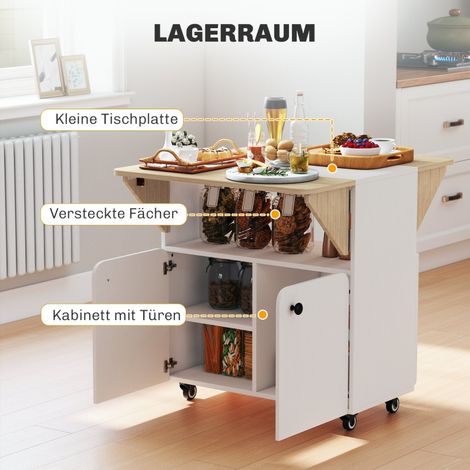 Table pliante avec meuble roulant, deux rabats latéraux, compartiment de rangement, 4 roulettes, blanc et bois naturel, 70 x 83 x 75 cm (1/5)