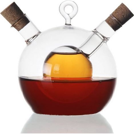 Distributeur d'huile d'olive rond 2 en 1 et bouteille de vinaigre transparente, pot de dosage d'huile en verre hermétique, 8,5 x 11,5 x 10 cm (1/5)