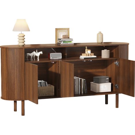 Sideboard mit 3 Wellentüren und 2 Offenen Fächern, 5 Massivholzbeinen, Spanplatte, 160x40x78.5 cm, Walnussfarben (1/5)