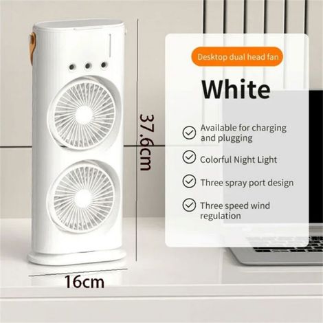 Ventilateur rechargeable oscillant à double tête avec réservoir d’eau, 3 vitesses, puissant pour salon, bureau, chambre (1/5)