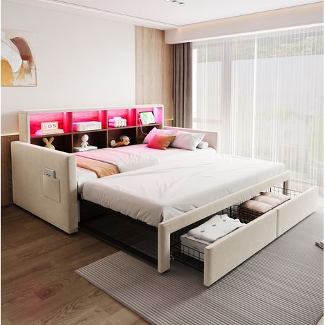 Cama sofá cama doble con almacenaje beige OKMYHOME (1/4)