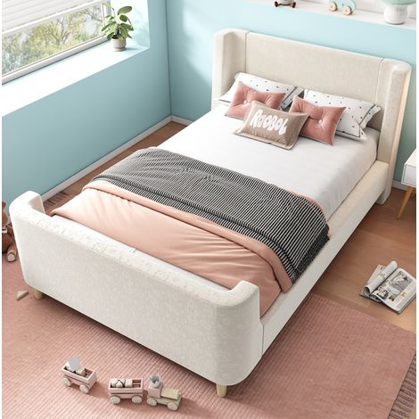 Letto singolo in velluto beige 90x200 cm, stile slitta con rete a doghe inclusa (1/5)