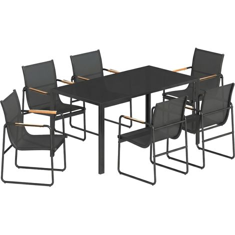 Set 7 Pezzi con Tavolo 150x80x73 cm e 6 Sedie da Giardino con Braccioli in Acciaio e Vetro Nero (1/5)