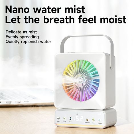 Ventilateur de bureau portable silencieux avec brumisateur USB-rechargeable – Fonctions oscillation, minuterie et lumière d’ambiance – Idéal pour étudiants, bureaux et espaces restreints-lsw