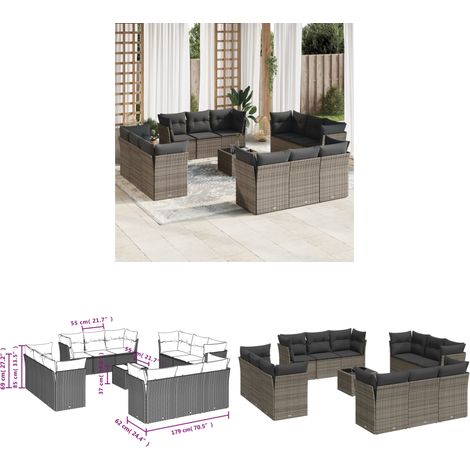 13-tlg. Garten-Sofagarnitur mit Kissen Grau Poly Rattan - Gartenmöbel Set - PE-Rattan Möbel - Outdoor Sofa - Esstisch - Lounge Garnitur - Home & Living (1/3)